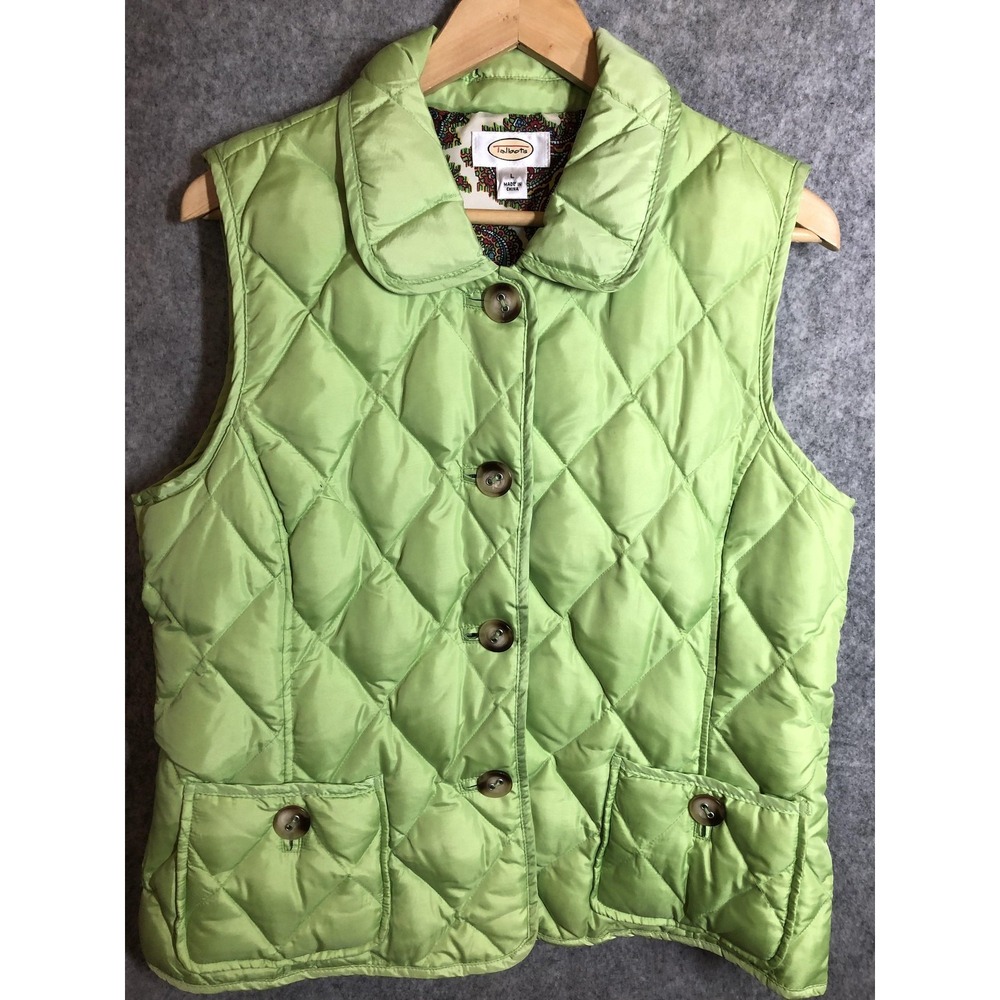 Talbots Vest Womens Large Green Quilted Duck Down Puffer Button Front Pockets